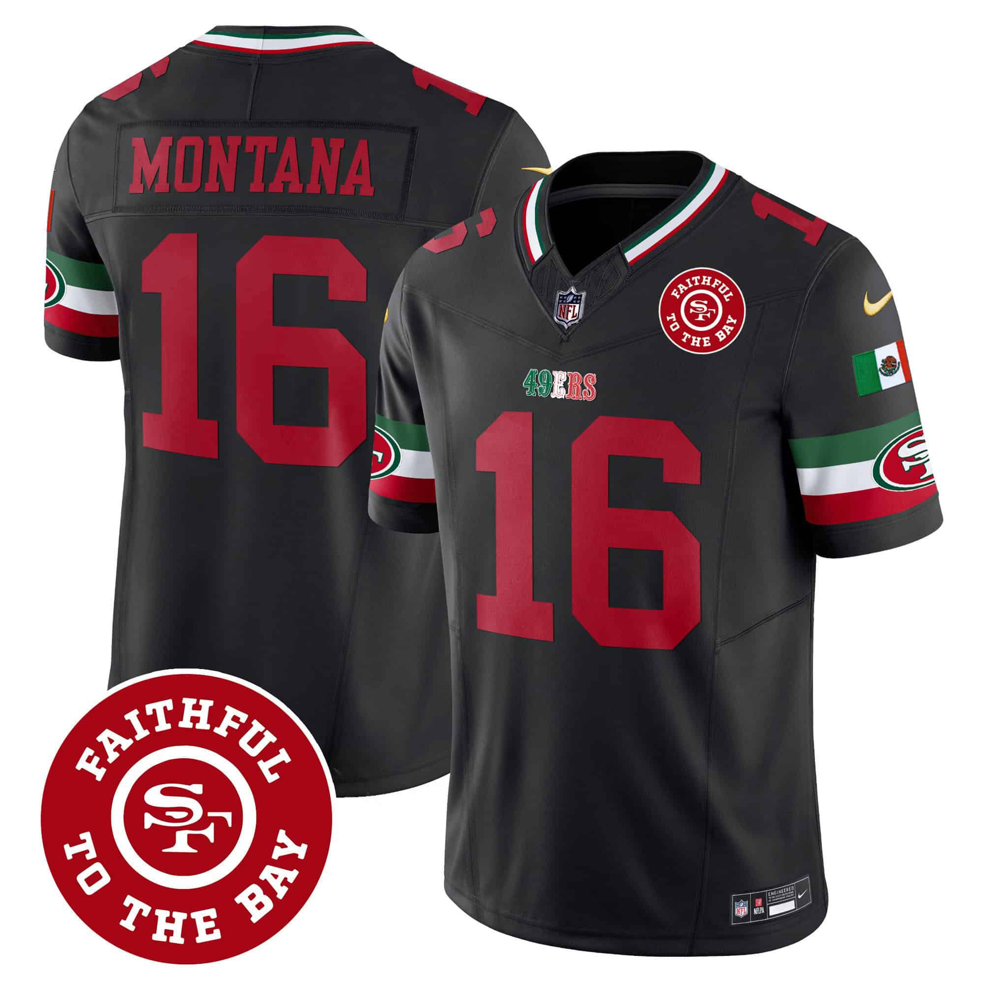 Men San Francisco 49ers 16 Montana Black 2024 Nike Mexico Faithful To The Bay Patch Vapor NFL Jersey